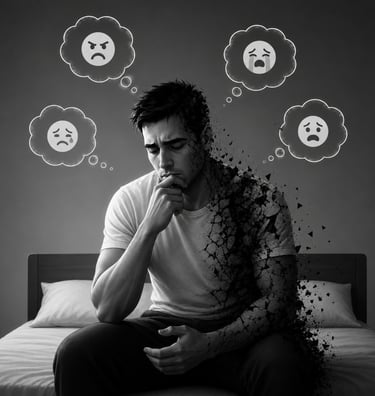 Male sitting at end of bed with thought different emotions bubbles 
