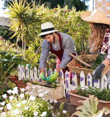 Woman standing near male gardener planting.