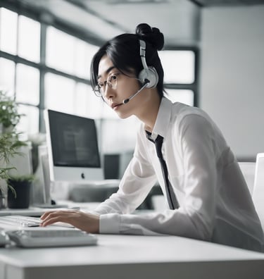 a woman in a white shirt and tie dyes a headset