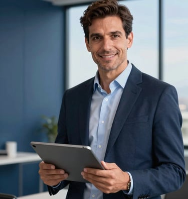 A high-quality professional photograph of a digital avatar appearing on a large tablet held by an Iberian / Latin American businessman in a bright, modern office with deep navy blue accents and soft sky blue natural lighting.