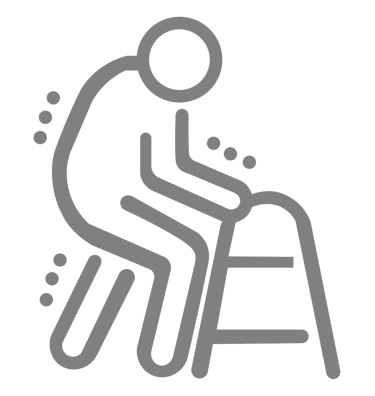 Ícono de fisioterapia geriátrica: persona mayor con andadera y líneas indicando inestabilidad
