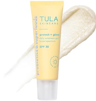 Tula Protect + Glow sunscreen tube with radiant finish, ideal for dull or uneven skin tone.