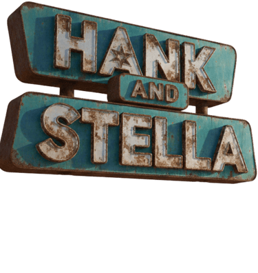 Vintage rusty teal marquee sign displaying the words Hank and Stella in distressed white lettering.