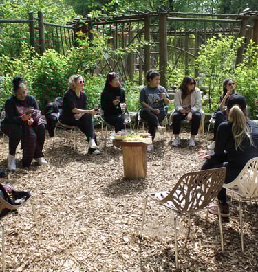 coworkers relaxing together after team building activities and a shared meal