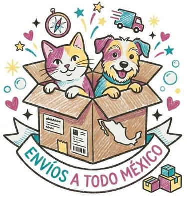 Ilustración de un gato y un perro en una caja para envíos de artículos para mascotas a todo méxico