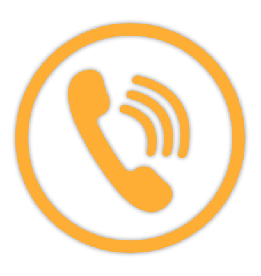 Orange telephone handset icon with signal waves inside a circle on a black background.