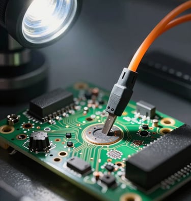 Macro close-up of a high-precision circuit board undergoing diagnostic testing under sharp studio spotlighting, orange test leads visible