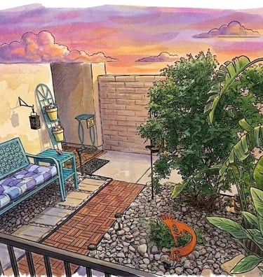 Watercolor rendering of our jungle rock garden courtyard in the Sonoran Desert