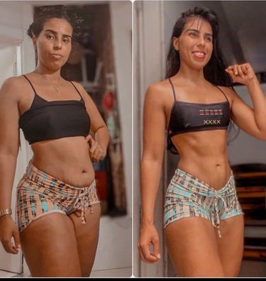 Mulher em antes e depois de emagrecimento, mostrando resultados visíveis na barriga.