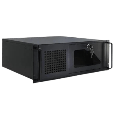 a black and white computer case with a key lock