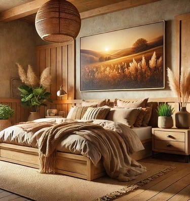 Rustic bedroom with wood accents and earthy tones – cozy natural interior design.