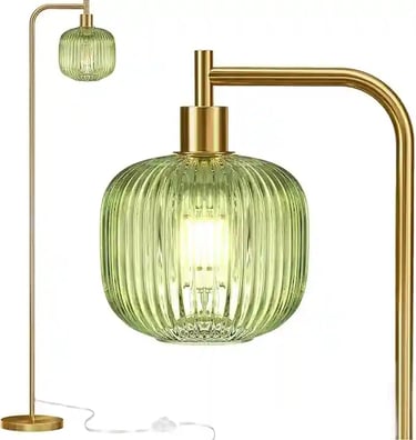Modern Glass Floor Lamp – Brushed Gold Standing Lamp with Ribbed Glass Shade for Living Room & Bedro