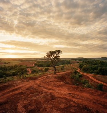 Cinematic wide shot of the Paraguayan red earth landscape at golden hour, low horizon, sweeping sky, warm natural light, medium format film.
