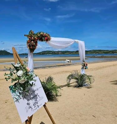 a wedding ceremony with a sign board with a picture of a man and woman