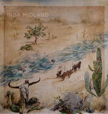 Río Bravo Artwork. Disco de música country. Paisaje un río, una carreta, cactus, un búho, un árbol.