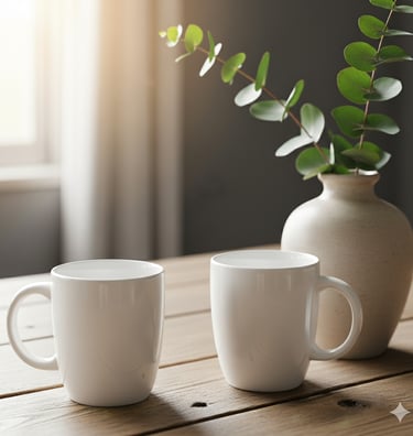 Inviting therapy setting with white mugs and vase, designed for women to share emotions