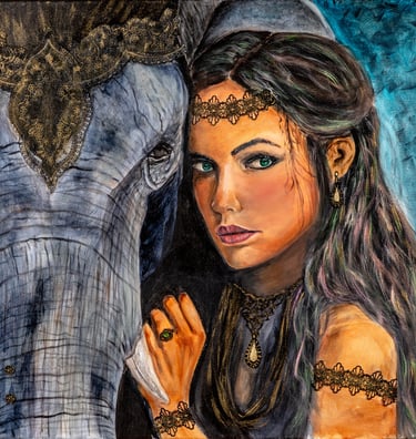 “Whispers of the Ancients” woman with elephant
