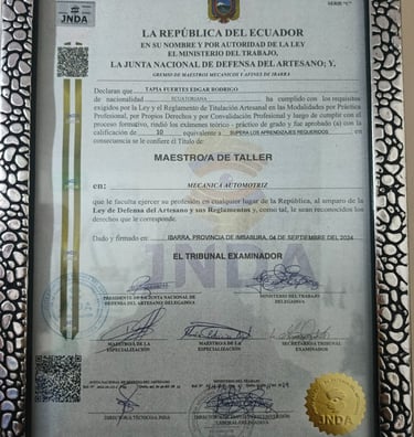 Certificación oficial de Maestro de Taller en Mecánica Automotriz emitida por la Junta Nacional de Defensa del Artesano.