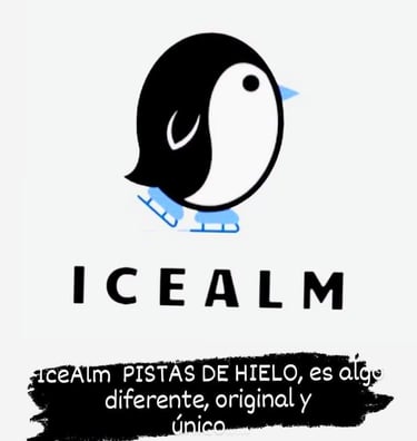 IceAlm logo featuring a penguin on ice skates with Spanish text promoting unique ice rinks.