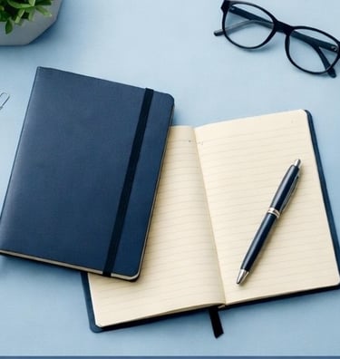 Cuadernos de diario de cuero azul con un bolígrafo y gafas en un escritorio de oficina minimalista.
