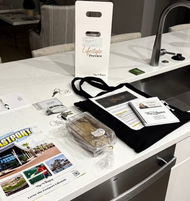 Lifestyle Preview welcome materials, keys, and maps displayed on the kitchen island at The Villages