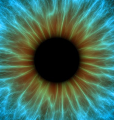 Iris bleu vu de près, semblant ouvrir sur un autre monde, symbolisant l'éveil des capacités extrasensorielles et la communica