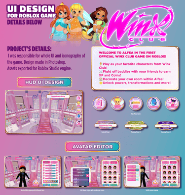 Design of HUD, Avatar Editor, main menu icons for Winx: Club Roblox Game
