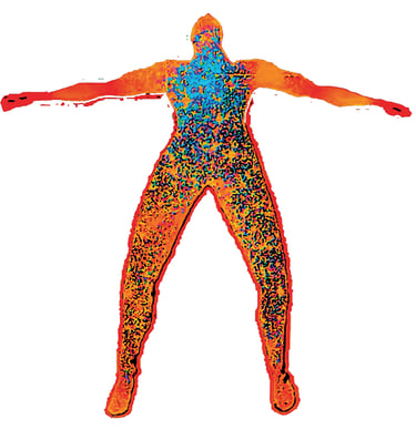 Pop art of person made of red, orange and blue energy.