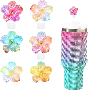Sparkly rhinestone tumbler with colorful plumeria flower straw toppers and matching charms.