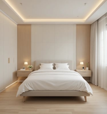 Dormitorio pequeño bien diseñado con muebles ligeros, iluminación cálida e interior minimalista que