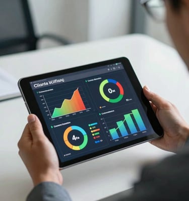 A close-up of a high-performance tablet displaying colorful carbon emission graphs and circular economy flowcharts, held by a climate consultant in a modern South American / Brazilian corporate setting.