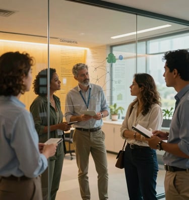 A collaborative climate planning session in an eco-friendly Brazilian corporate headquarters, showcasing professional strategists mapping out actions on a glass wall with subtle warm yellow highlights.