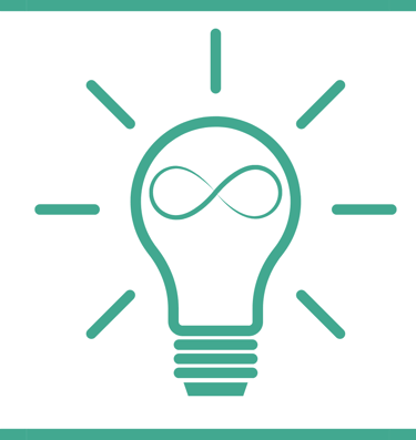 Teal light bulb icon with an infinity symbol inside, representing infinite ideas and innovation.