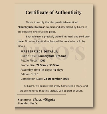 Certificate of Authenticity beside a luxury handcrafted artwork, emphasizing originality.