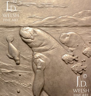 Clearwater Grouping - manatees and fish in lagoon - bronze relief sculpture - Jeremiah D Welsh