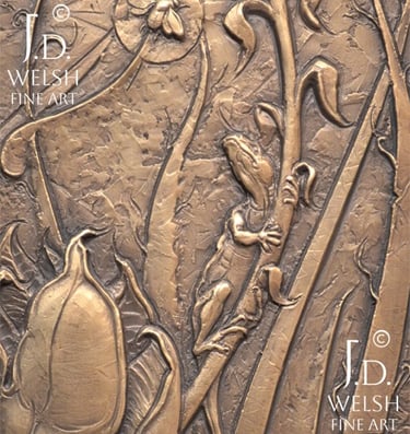 Fly Catcher, Someday - Juvenile Tree Lizard in Yuccas - Bronze relief sculpture - Jeremiah D Welsh