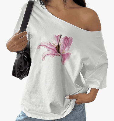 off the shoulder white shirt for women with pink lily on front