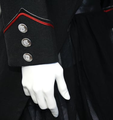 Metal buttons on cuff of Military- inspired tailcoat