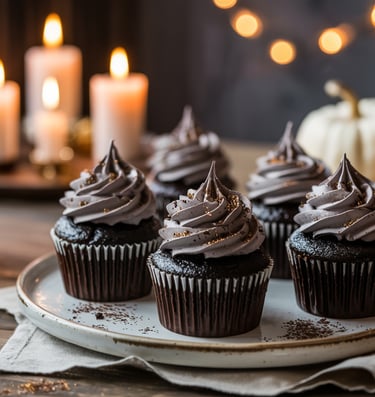 a plate of chocolate cupcakes with candles and candles