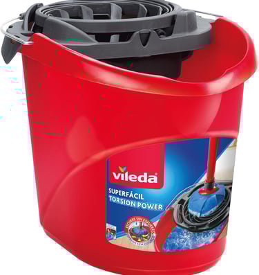 a red bucket bucket with a red handle and a black handle