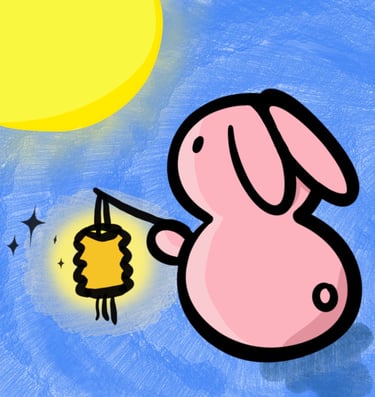 the rabbit's secret pink bunny holding a lantern looking at the moon