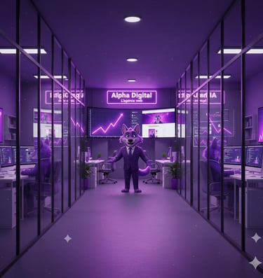 Bureau moderne violet Alpha Digital avec la mascotte loup – expertise web