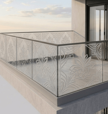 Modern high-rise balcony featuring decorative etched glass railings with floral patterns and a scenic sky view.