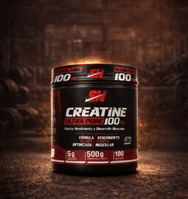 Black tub of SN Creatine Ultra Pure 100% supplement for muscle growth and performance in a gym setting.