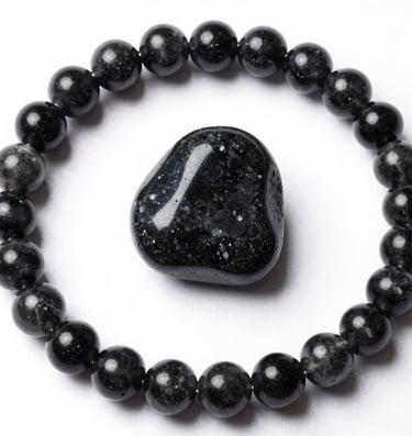 Polished black galaxy obsidian stone surrounded by a matching beaded healing crystal bracelet.