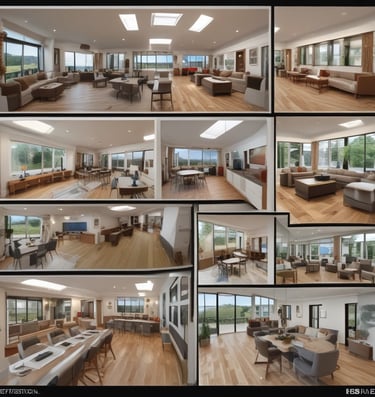 An open brochure spread showing detailed project visuals