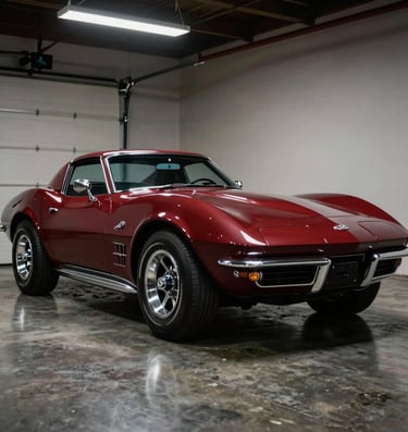 A moody, low-angle professional photograph of a pristine 1969 Chevrolet Corvette Stingray in deep burgundy red, resting on a polished dark concrete floor in a premium private garage. Soft overhead studio lighting reflects beautifully off the curves and metallic chrome exhausts. Nostalgic Detroit garage background.