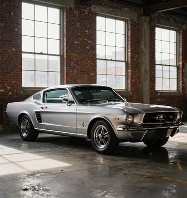 A stylish professional photograph of a classic 1965 Ford Mustang Fastback with sleek metallic silver paint, parked in a vintage brick warehouse in Detroit, US. Soft dramatic natural light streams through high windows, creating high contrast shadows and highlighting masculine lines.