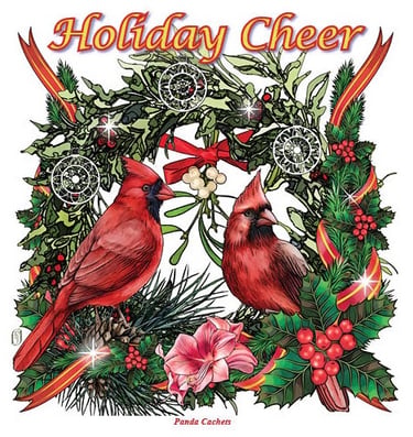 Cachet illustration of Holiday Cheer with wreath, cardinals, berries and flowers