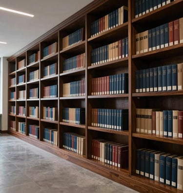 Interior photography of a modern corporate law library in Monterrey, Mexico, featuring rich mahogany bookshelves and soft elegant lighting in deep navy and grey tones.